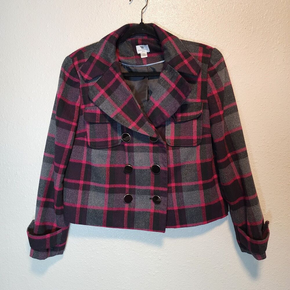 Worthington Petite Plaid Cropped Peacoat Jacket Pink & Grey - Size PM